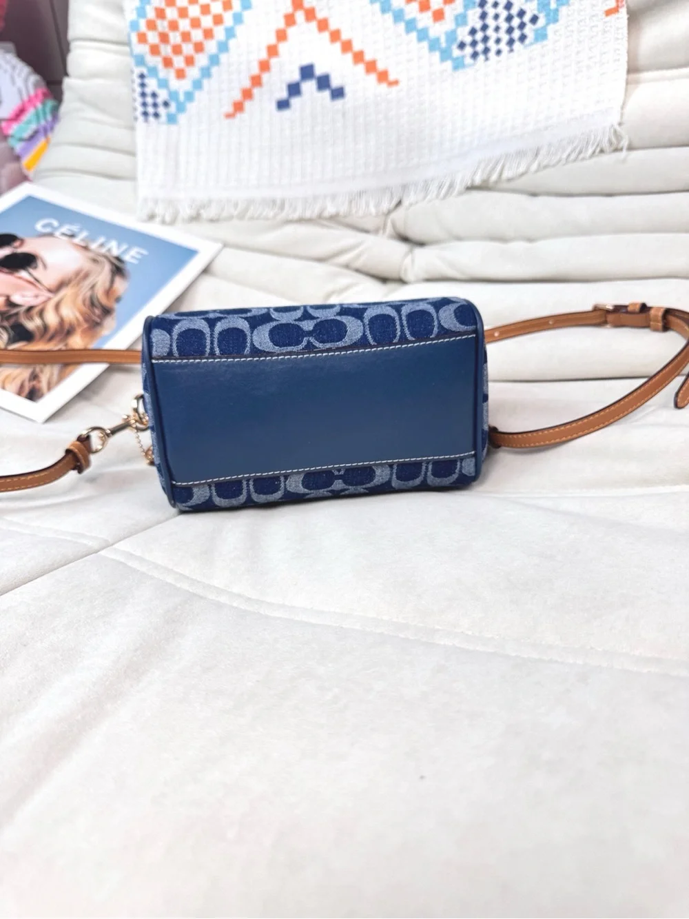Coach Mini Satchel in Navy Signature Canvas with Tan Leather